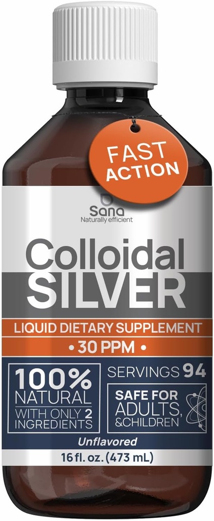 Colloïdal Silver Liquid 16 fl oz 30 PPM - Bioactive Hydrosol Silver Water - Natural Imune Support Solution de complément Nano Sol - Ionique Minéraux - Organic Structured Silver