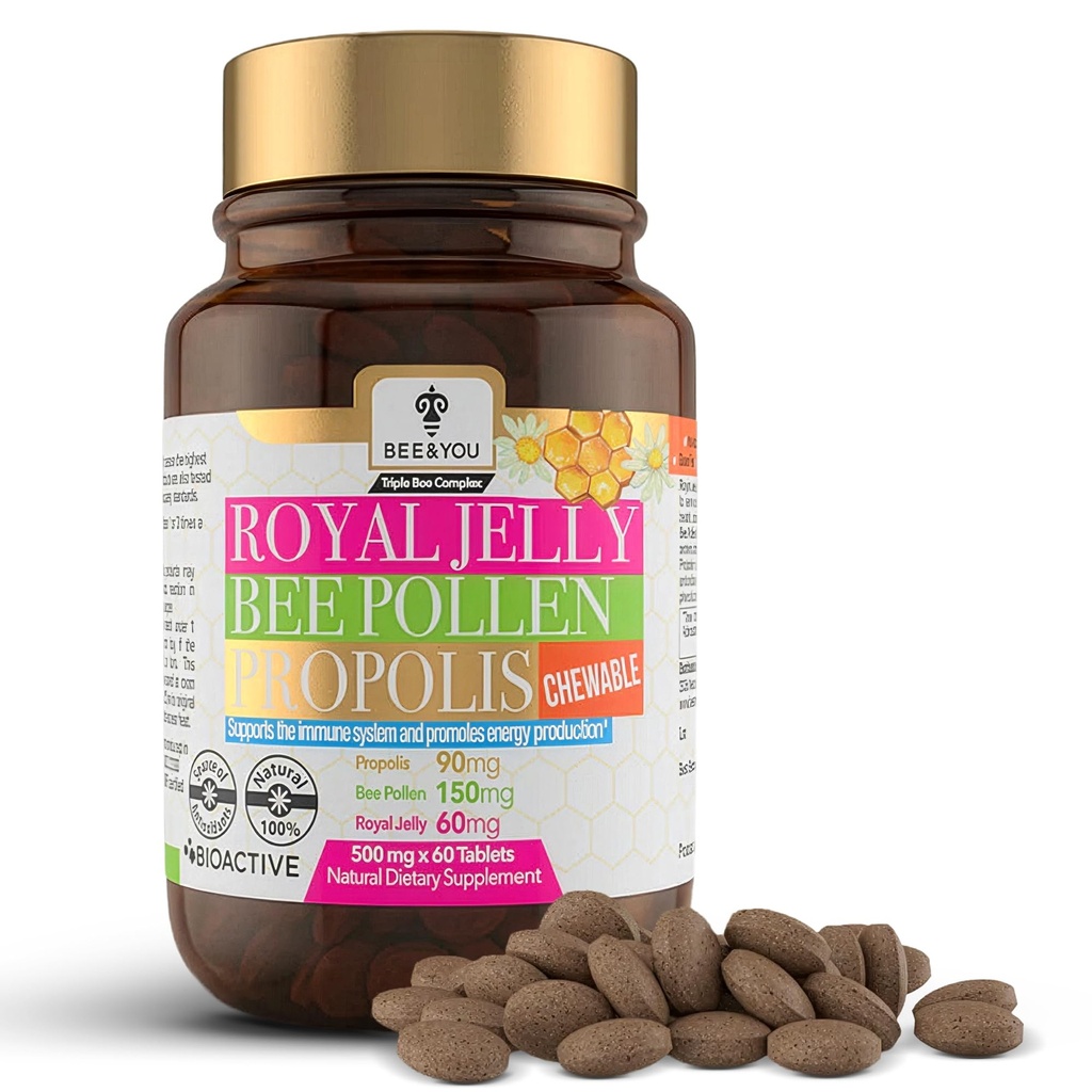 BEE and You Royal Jelly + Propolis + Bee Pollen Comprimés à croquer - Haute puissance - Pas d'arôme artificiel/préservatifs - Pas de sucre ajouté- Pas de soja/lait/gélatine/OGM/gluten, 500 mg x 60 comprimés