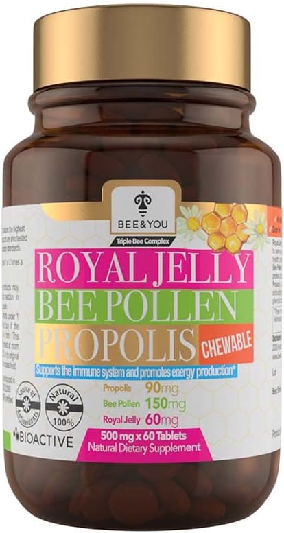 BEE and You Royal Jelly + Propolis + Bee Pollen Comprimés à croquer - Haute puissance - Pas d'arôme artificiel/préservatifs - Pas de sucre ajouté- Pas de soja/lait/gélatine/OGM/gluten, 500 mg x 60 comprimés