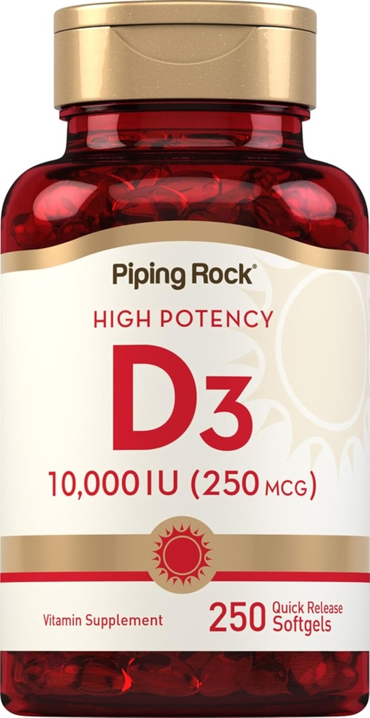 Piping Rock Vitamine D3 10000 UI , 250 mcg , 250 Softgels , 250 Softgels , Supplément sans OGM et sans gluten