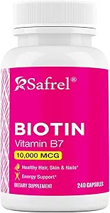 Safrel Biotine (Vitamine B7) 10 000mg (10mg) Supplément de vitamine, 240 Capsules - Végétarien, Sans gluten, Libération rapide, Non-OGM