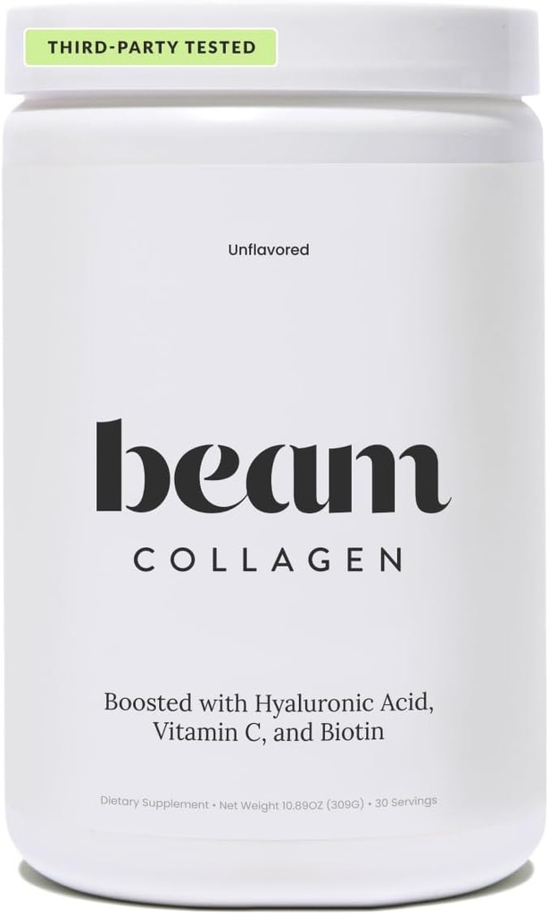 Poudre de collagène de beam, Collagène pour femmes, Collagène avec acide hyaluronique, Peptides de collagène de type 1 et 3, avec biotine, Fovine herbeuse, Testé tiers, Meilleur pour le café, vitamine C, 30 portions