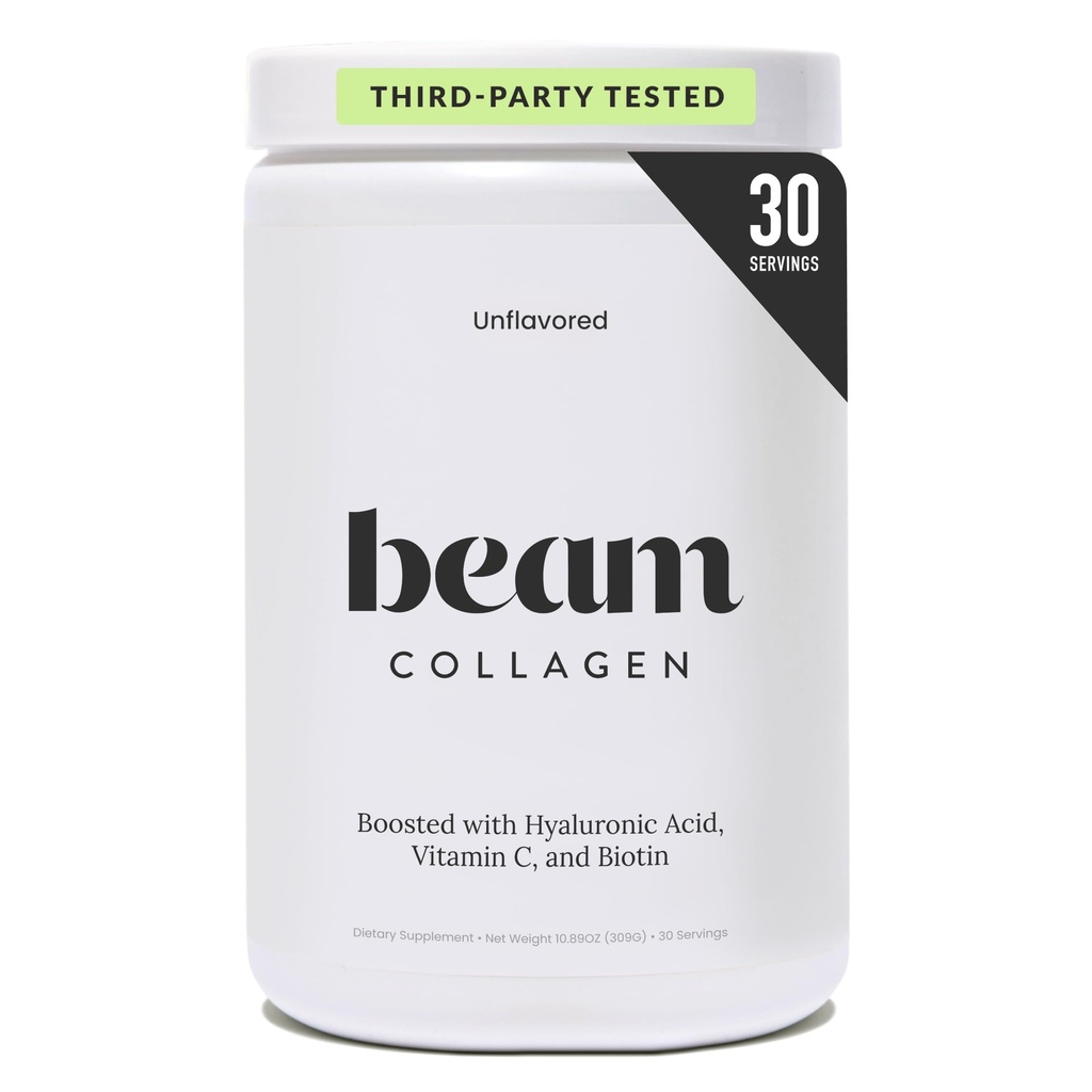 Poudre de collagène de beam, Collagène pour femmes, Collagène avec acide hyaluronique, Peptides de collagène de type 1 et 3, avec biotine, Fovine herbeuse, Testé tiers, Meilleur pour le café, vitamine C, 30 portions