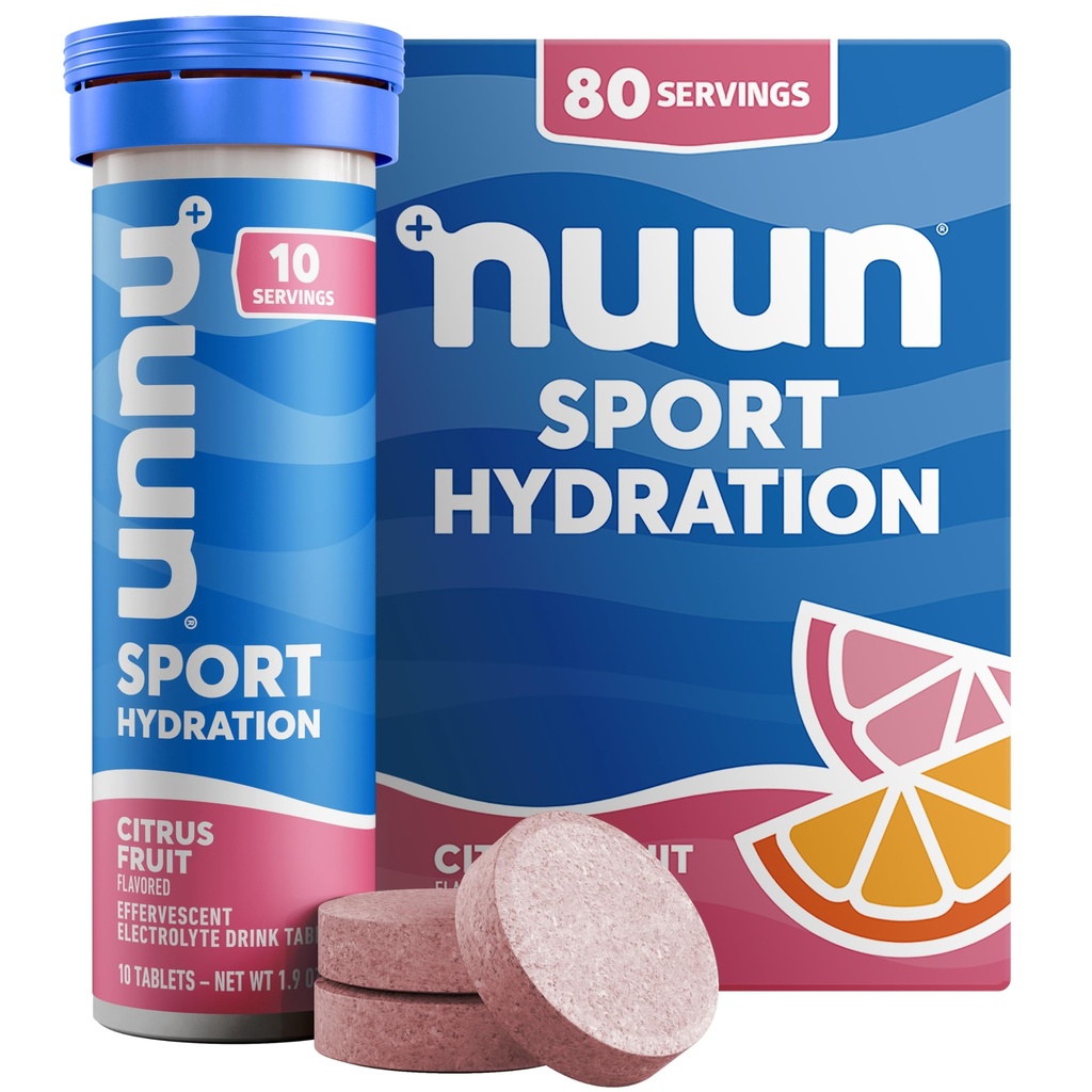 Nuun Sport Comprimés électrolytiques au magnésium, au calcium, au potassium, au chlorure et au sodium, sans gluten et végétalien, aux agrumes, 8 paquets (80 portions Total)