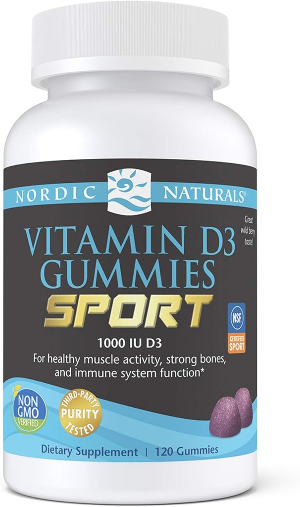 Nordic Naturals Vitamine D3 Gummies Sport, Berry sauvage - 120 Gummies - 1000 UI Vitamine D3 - Certifié NSF - Fonction du système d'os, d'humeur et d'immunité sains - Non-OGM - 120 portions