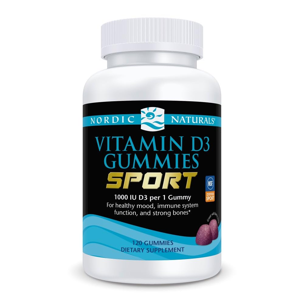 Nordic Naturals Vitamine D3 Gummies Sport, Berry sauvage - 120 Gummies - 1000 UI Vitamine D3 - Certifié NSF - Fonction du système d'os, d'humeur et d'immunité sains - Non-OGM - 120 portions