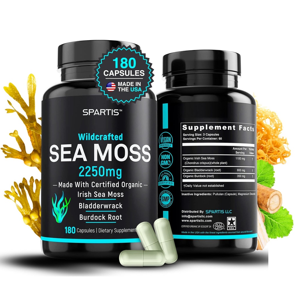 Capsules de mousse de mer biologique certifiée 2250mg Wildcrafted Irish Sea Moss Burdock Root Bladderwrack Supplement Pilules et poudres crues de mousse de mer (paquet de 1 à 180 capsules)