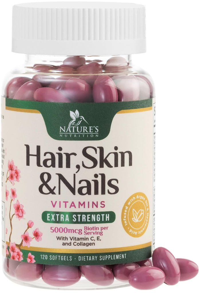 Vitamines pour les cheveux, la peau et les ongles pour les femmes - Biotin 5000mcg pour soutenir la croissance des cheveux avec huile d'argan, collagène et acide hyaluronique, belle peau, plus forte, cheveux et ongles supplément vitamine - 120 Softgels