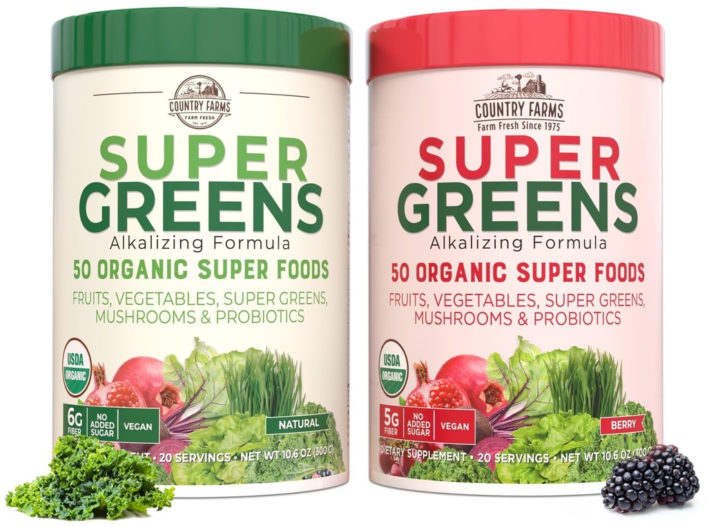 Country Farms Super Greens Power Pack, 50 Super Foods biologiques, Greens Powder avec des probiotiques pour la santé Gut & Bloating Relief, soutient l'énergie, non aromatisé & Berry, 40 portions
