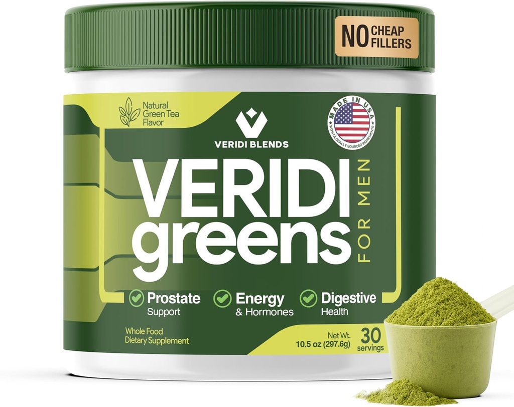 Veridi Greens pour les hommes 40 ans et plus Daily Superfood Greens Poudre pour la santé de la prostate, Hormone et Soutien énergétique