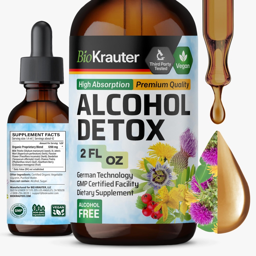 BIO KRAUTER Teinture de détox d'alcool - Nettoyez le foie et formule de détox - Thistle de lait et dandelion - Soutien du foie Extrait liquide - Sans alcool et sans sucre - gouttes véganes 2 Fl.Oz.