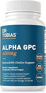 Dr Tobias Alpha GPC 600mg par portion - Suppléments Choline biodisponibles pour le cerveau, la mémoire et le focus - Supplément Choline Alpha GPC Nootropique Premium, végétalien, non-OGM, 60 capsules, 30 portions