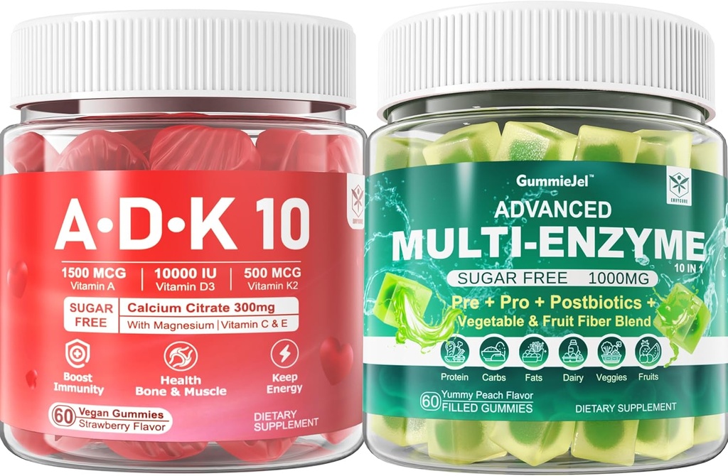 Enzymes digestifs Gummies 1000mg Nourriture à croquer rapidement, 90 milliards d'UFC, probiotique, postbiotique, prébiotique et mélange de fibres et vitamine ADK Gummies + supplément de zinc de magnésium de calcium