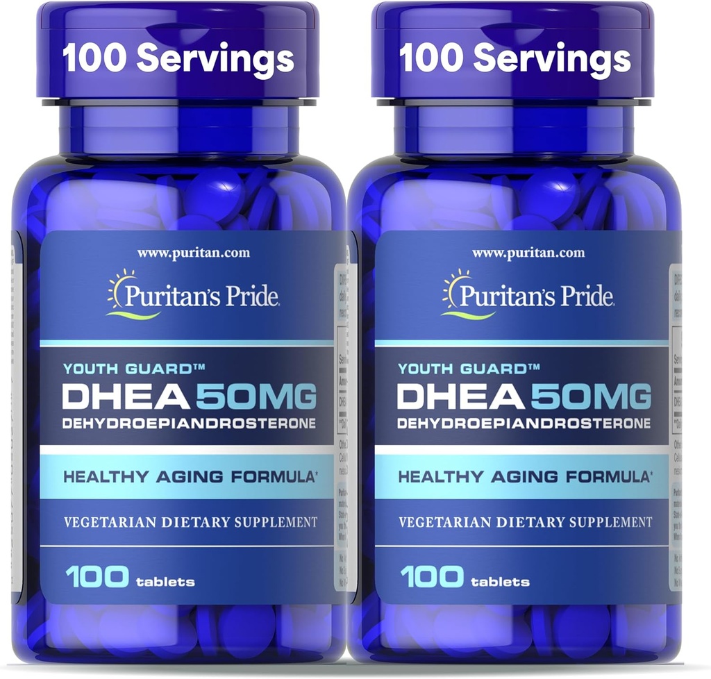 Puritan's Pride Youth Guard DHEA pour les femmes et les hommes 50mg, supplément alimentaire pour le vieillissement en santé, 3 mois d'approvisionnement, 100 comprimés, 2 pack