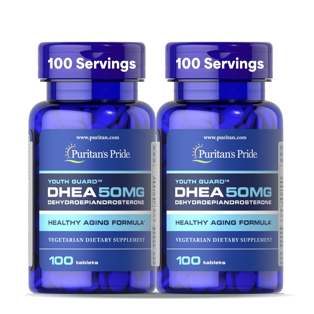 Puritan's Pride Youth Guard DHEA pour les femmes et les hommes 50mg, supplément alimentaire pour le vieillissement en santé, 3 mois d'approvisionnement, 100 comprimés, 2 pack