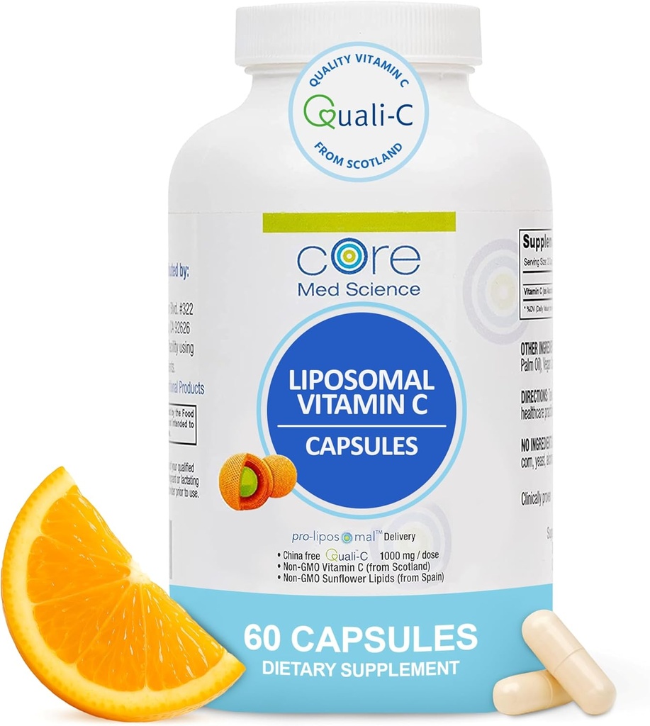 Core Med Science Liposomique Vitamine C 1000mg, 60 Capsules - Supplément Liposomique naturel non OGM Vitamine C qui favorise la santé de la peau - Système immunitaire booster pour les adultes, soutient la formation de collagène