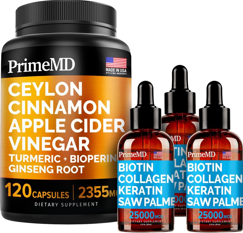 2 fl oz - 3 pack) & 5 en 1 Ceylan Cinnamon w Turmeric & Ginseng Root (120ct) Bundle - Cheveux, peau, ongles et supplément de soutien immunitaire