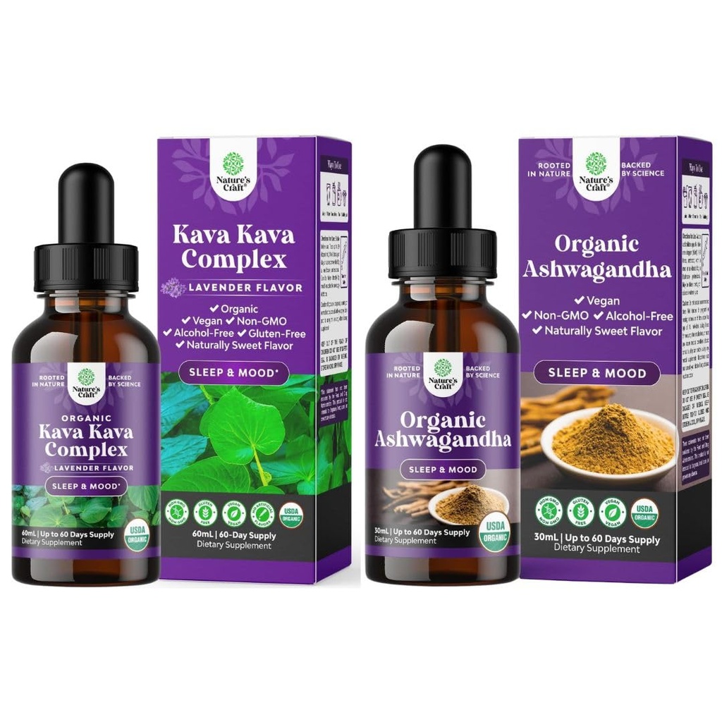 Bundle of Potent Liquid Kava Kava Drops Supplement with Kavalactones for Better Sleep and USDA Organic Ashwagandha Liquid Drops - Extrait de racine Ashwagandha pour le stress et l'humeur Support pour les adultes