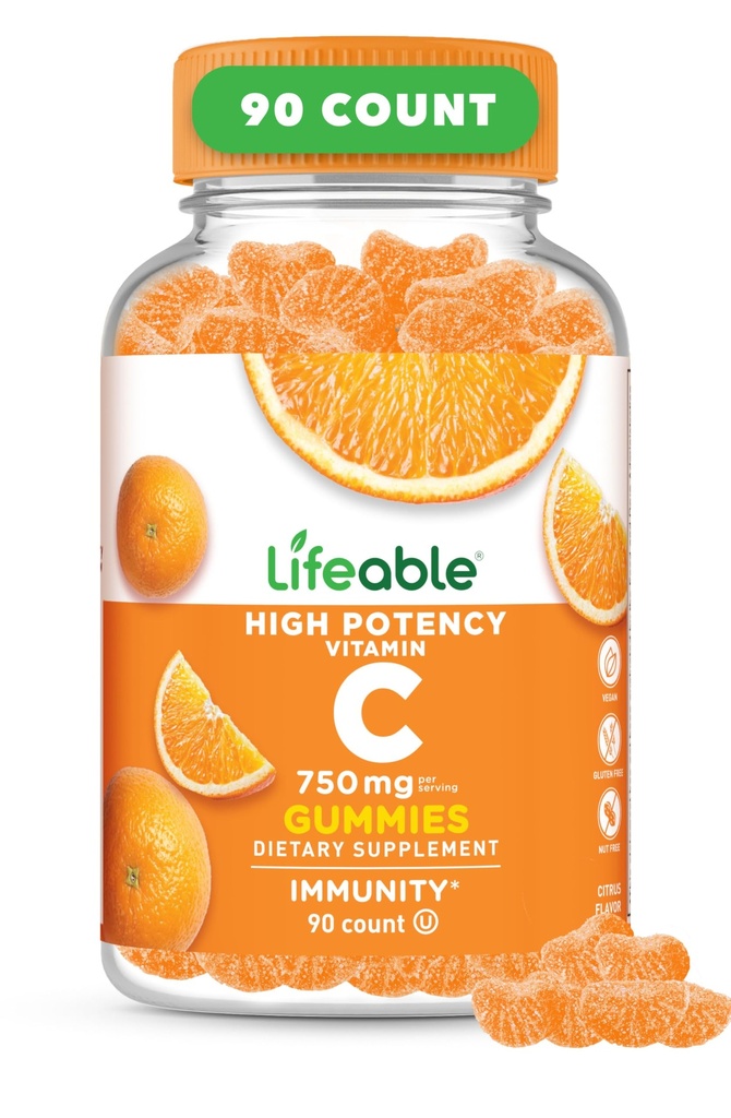 Vitamine C vivace Gommies pour les adultes $ 750mg $ Grand Dégustation Orange Flavor VIT C $ Vegan Non OGM Vitamine C Chewable $ pour Immuni Support $ 90 Gommies