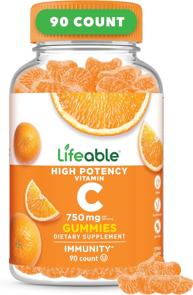 Vitamine C vivace Gommies pour les adultes $ 750mg $ Grand Dégustation Orange Flavor VIT C $ Vegan Non OGM Vitamine C Chewable $ pour Immuni Support $ 90 Gommies