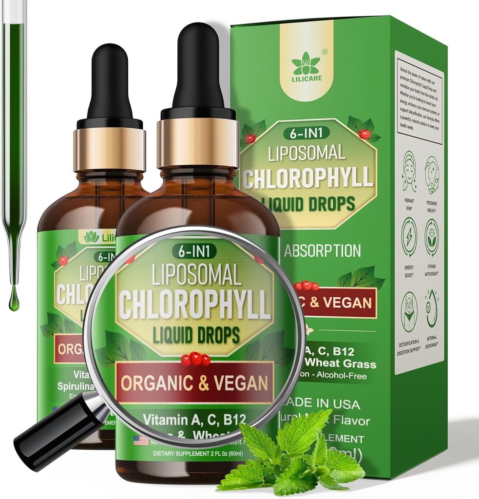 Bio Chlorophylle Liquid Drops Liposomale pour les femmes et les hommes, 6-en-1 Verts Superfood Vegan Chlorophylle w/Spirulina, Blé Grass, Vitamine C B12 A pour Déodorant Intérieur*, Énergie,Digestive,2Packs/4 Fl Oz
