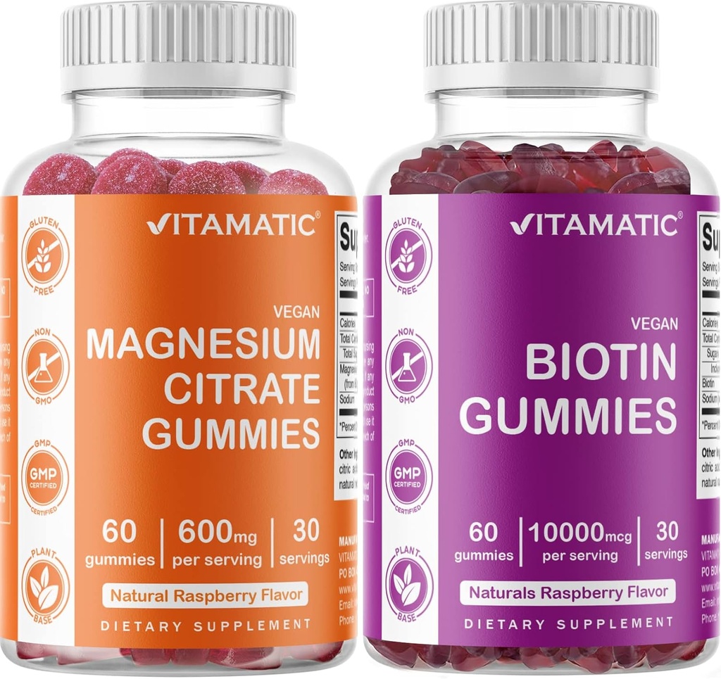 Gommies de Magnésium Vitamatique et Gommies de Biotine - 60 Vegan compte chaque