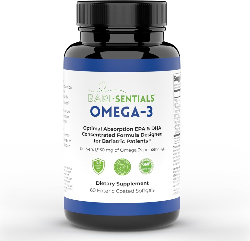 R-Kane Nutritionals Barisentials Oméga-3 Supplément - 1 930mg EPA & DHA par service- Conçu pour les patients bariatriques- Haute Absorption MAG-03 Technologie - 60 Softgels enduits (1-Mois d'approvisionnement)