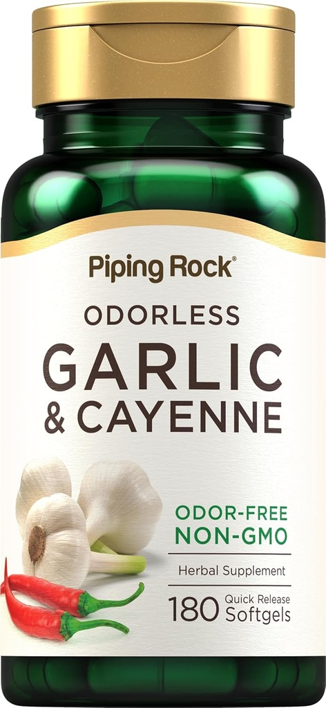 Pipping Rock Odorless Ail Softgels.com 180 Softgels Supplément avec extrait de Cayenne.