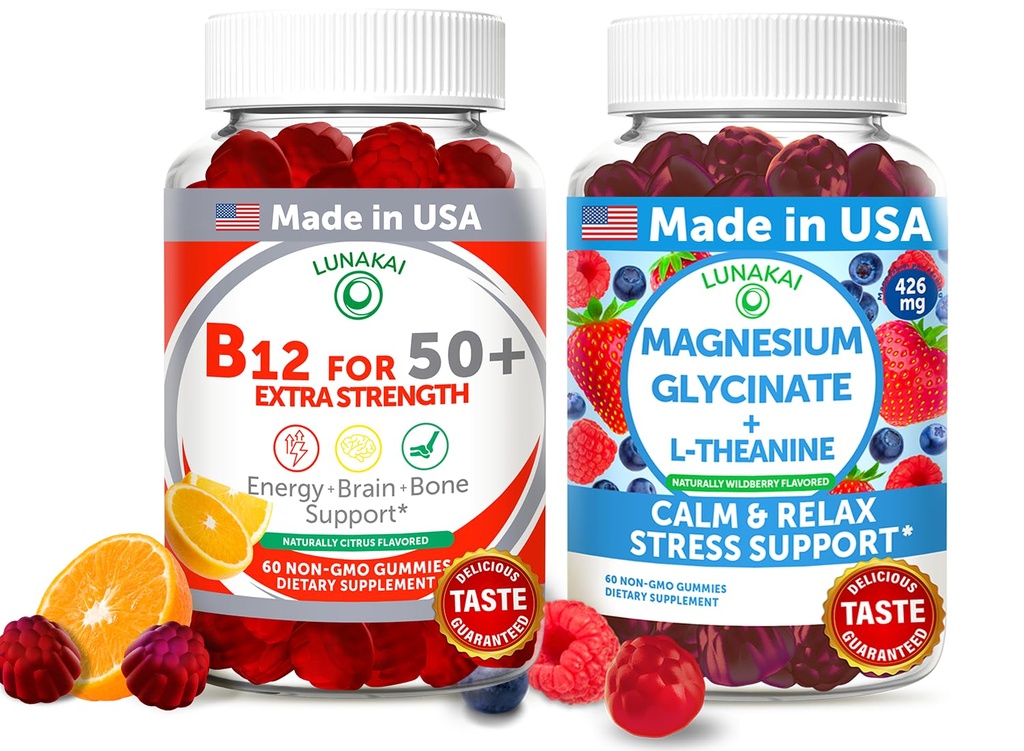 Lunakai USA fait vitamine B12 pour les adultes 50+ & Magnésium Glycinat Gummies Bundle, soutient l'énergie, l'humeur, la relaxation et le stress, non-OGM, végétalien, 60ct Chaque