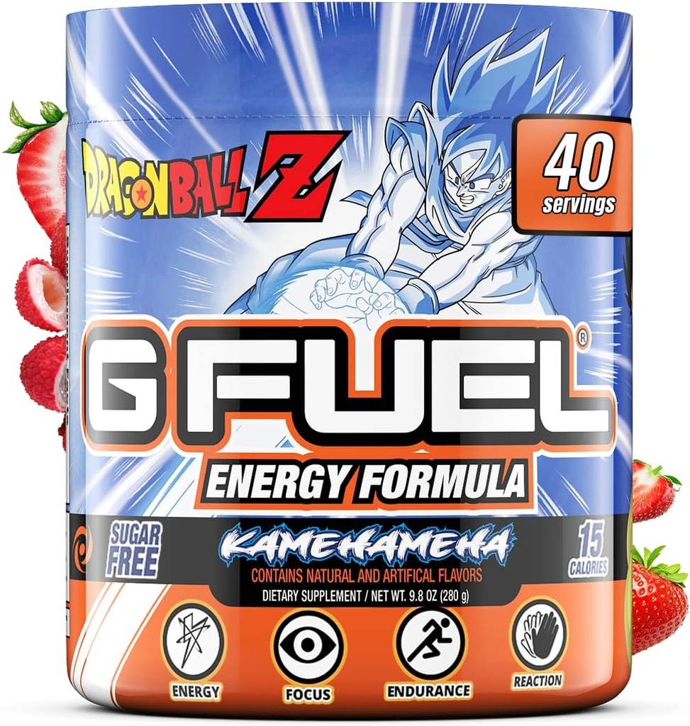 G Carburant Dragon Ball Z Energy Drink Poudre, Pré-entraînement Mélange de caféine pour le jeu, sans sucre Amino Focus, Vitamine + Antioxydants, 9,8 oz (Lyche aux mûres, 40 portions)