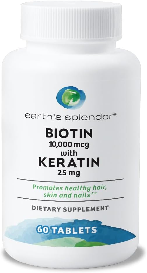 Splendeur de la Terre Biotine 10 000 mcg + kératine 25mg, favorise les cheveux sains, les ongles forts et le soutien de la peau, 60- jour d'approvisionnement