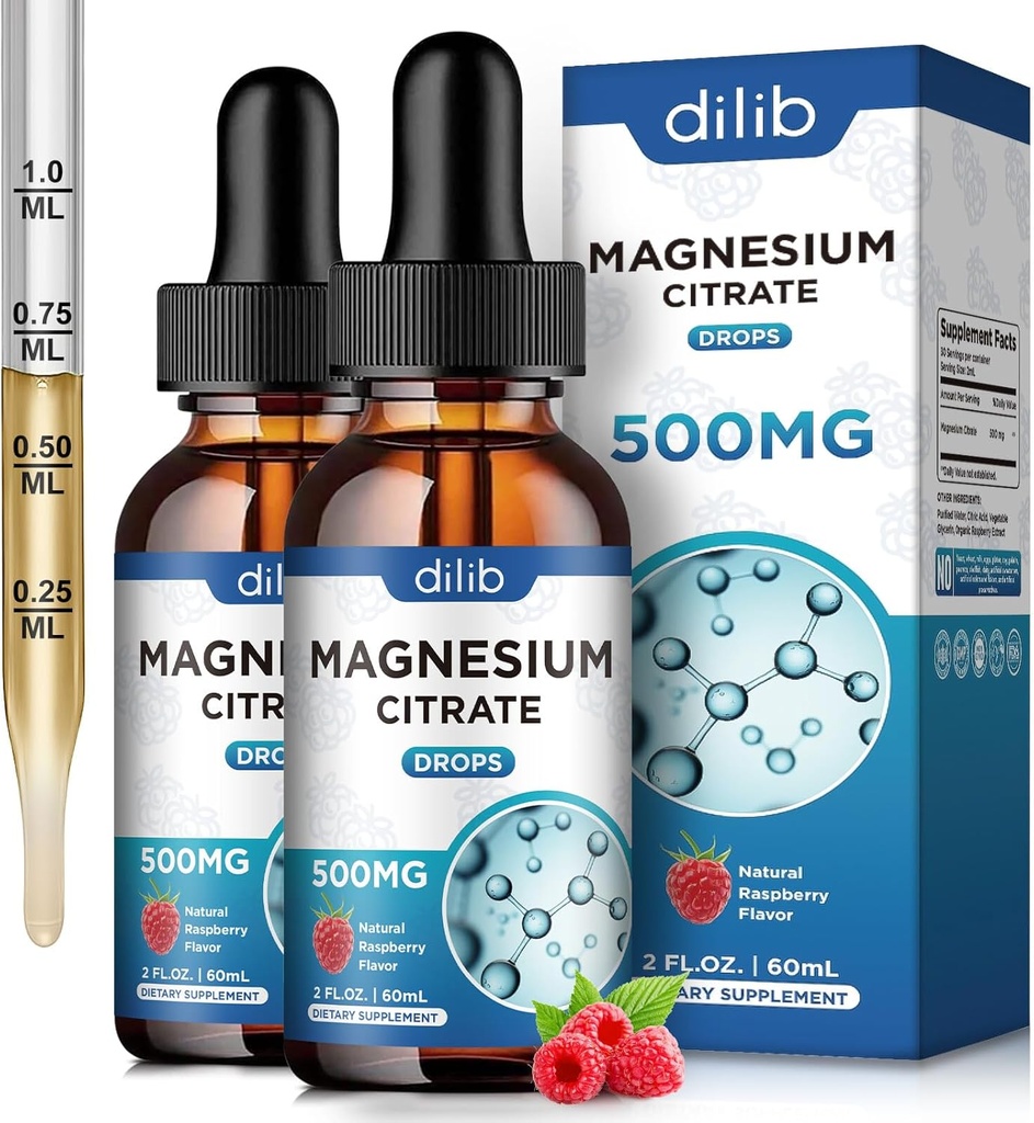 (2 Pack) Citrate de magnésium Liquid Magnésium Drops Supplément 500mg-Support Stress Relief, Os, Muscle, Mood, Sleep-4 Fl Oz, Vegan, Raspberry Flavor