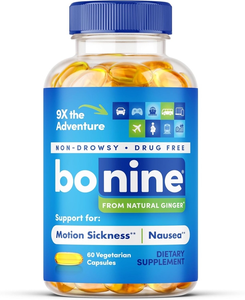 Bonine Ginger Root Extract Capsules liquides - Relief de mouvement non somnolent - Supplément de 40 mg de gingembre pour la maladie du matin et le soulagement des nausées - Essentiels des navires de croisière - 60 capsules