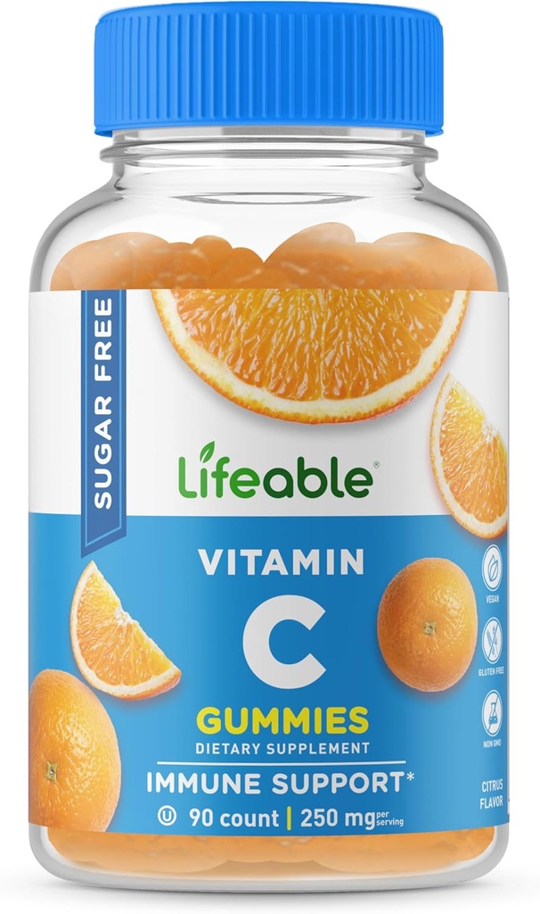 Vitamine C sans sucre – 250 mg – Supplément Gommy naturel au goût – Végétariens sans OGM – pour le soutien immunitaire – pour les adultes – 90 Gommies