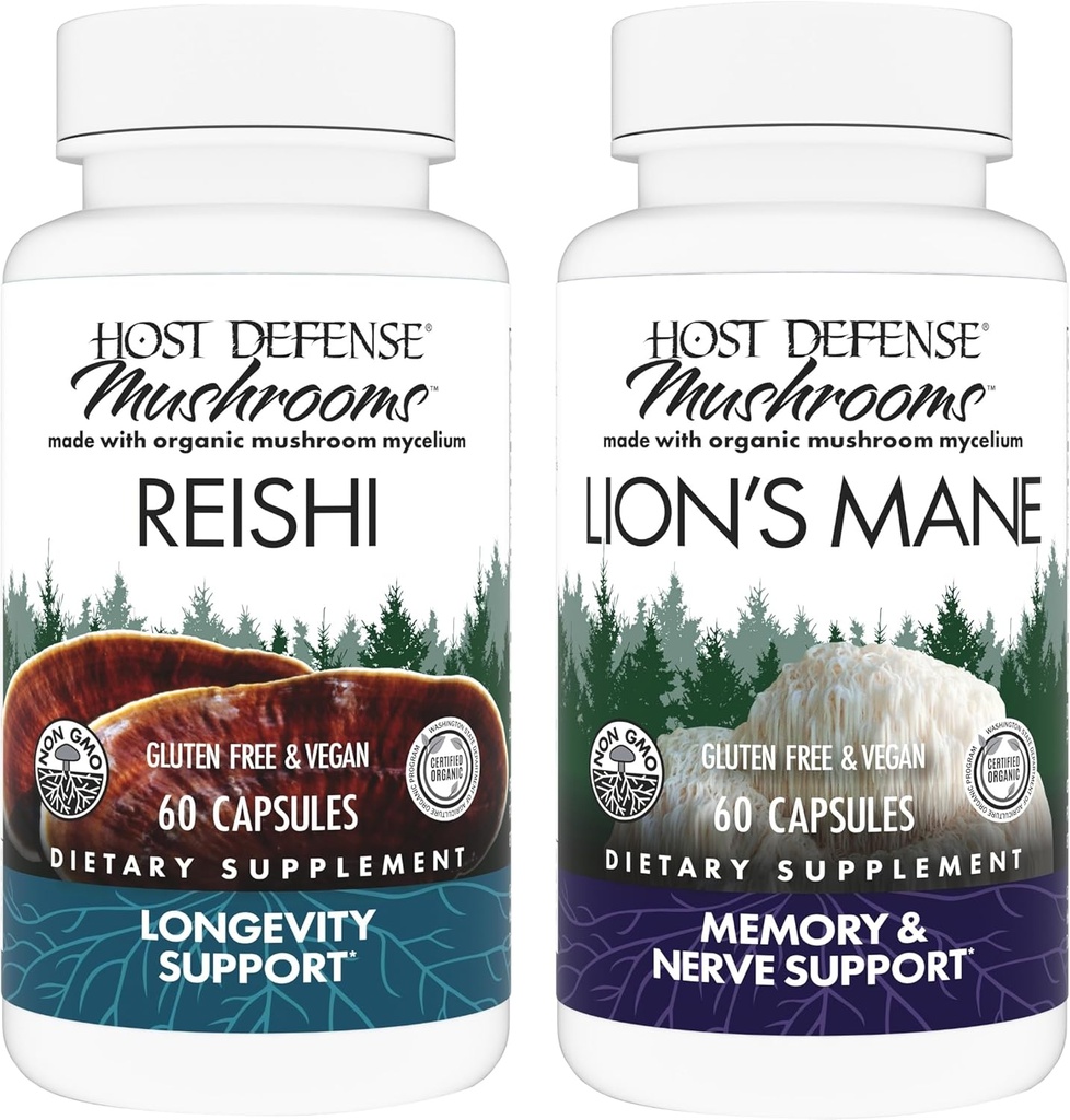 Ensemble de défense d'hôte avec capsules Reishi, 60 capsules Count & Lion's Mane, 60 Count - Soutien Heart & Immune Health - Soutien Cerveau Santé, Mémoire et Focus*