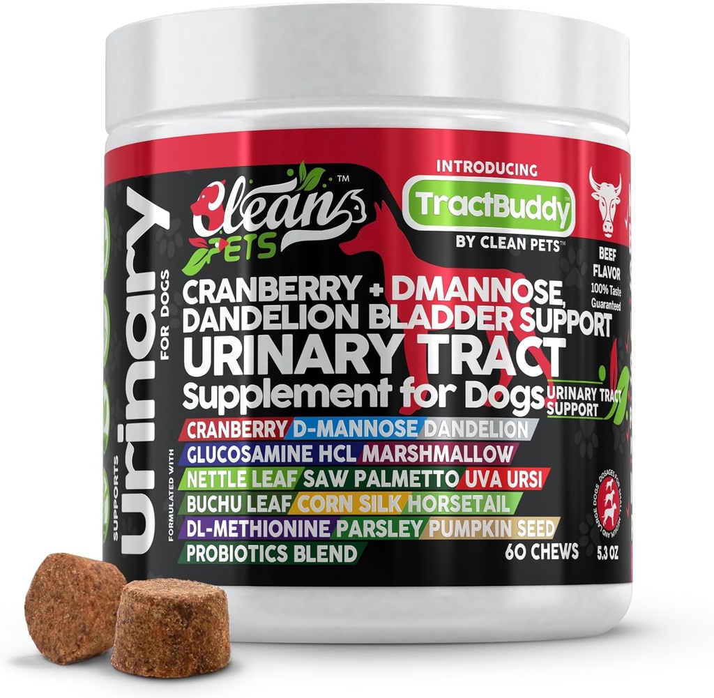 Cranberry for Dogs Urinary Tract Support (en anglais seulement) D-Mannose UTI Bladder Stones Dandelion Glucosamine HCL Marshmallow Nettle Leaf Saw Palmetto Uva Ursi Buchu Horsetail Methionine Persley Supplément