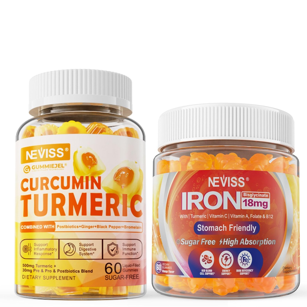 Sans sucre Curcumine curcuma rempli 550mg pour les adultes, supplément de gommies de fer végétalien avec vitamine C