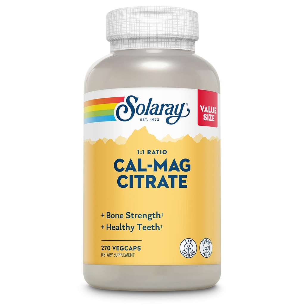 Solaray Calcium Magnésium Citrate 1000mg 1:1 Rapport, Supplément de force osseuse, Muscle, Nerve et Bone Health Support, Chélaté pour Haute Absorption, Garantie de 60 jours, 45 portions, 270 VegCaps