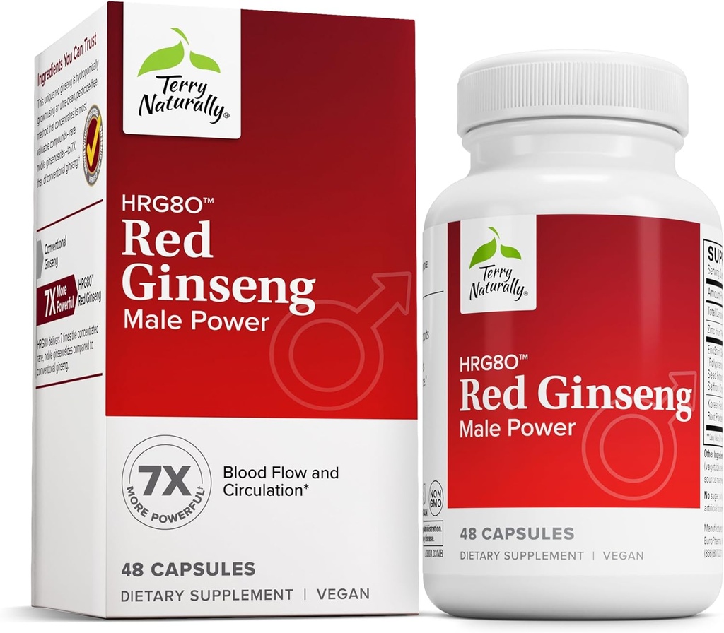 Terry naturellement HRG80 Red Ginseng Male Power - Supplément de soutien de la circulation sanguine et de l'endurance - Supplément alimentaire avec Ginseng & Zinc - Supplément à base de plantes pour le soutien énergétique - 48 capsules