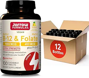 Formules de Jarrow Méthyl B-12 1000MCG & Methyl Folate 400MCG,Extra Strength,Cellular Energy Metabolism & Cardiovascular Health Formula(1) Avec des onglets P-5-P,100Chewable,Jusqu'à 100 jours Suppl,12Packs