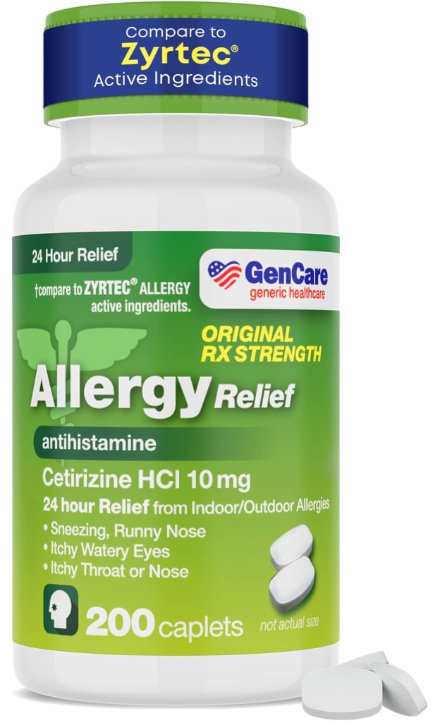 GenCare - Cétirizine HCL 10 mg (200 Caplets) - Pilules antiallergiques 24 heures - Médicament Allergique OTC générique non somnolent - Antihistaminique pour Éternuer, Nez Runny et Yeux Itchy - Zyrtec Générique