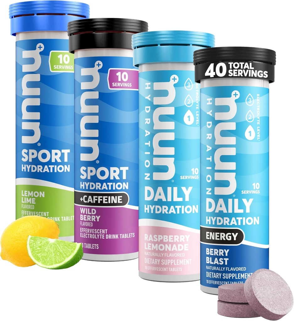 Nuun Hydratation Comprimés d'électrolytes - Dissolvable dans l'eau, Pack complet , 5 électrolytes essentiels pour l'hydratation , 1g Mélange de boissons sucrières , Vegan, Non-GMO , 4 Pack (40 portions totales)