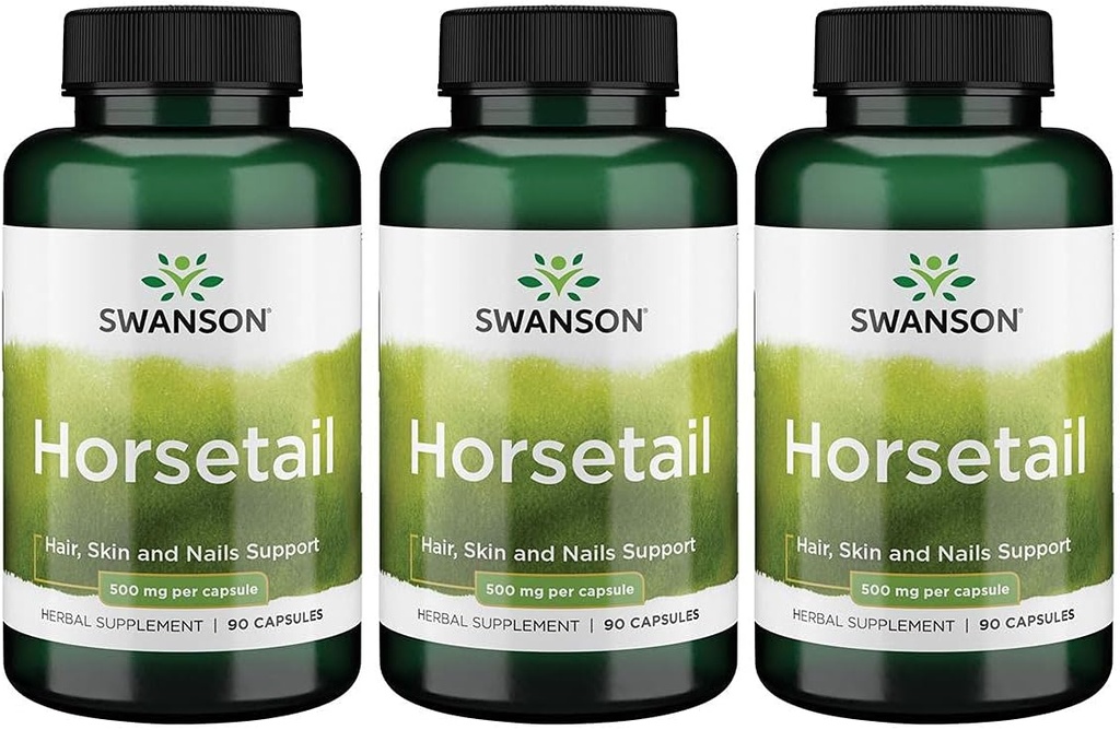 Swanson Horsetail - Supplément à base de plantes pour soutenir la santé des cheveux, de la peau et des ongles - Ingrédients naturels pour la santé des os et le soutien du trac urinaire - (90 capsules, 500 mg chacune) 3 Pack