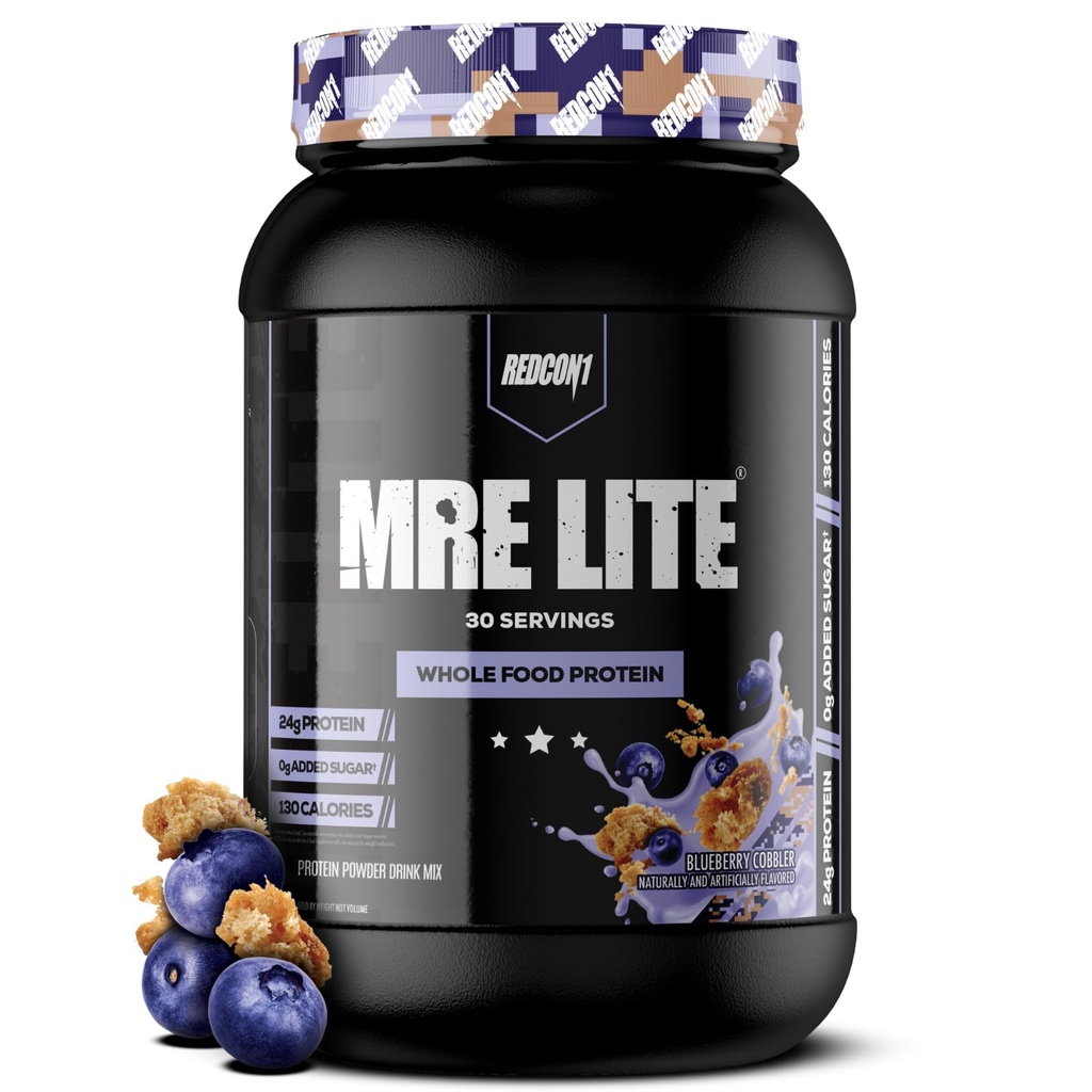 REDCON1 MRE Lite poudre de protéines alimentaires entières, bleu cobbler - faible teneur en glucides et sans lactosérum substitut de repas avec des mélanges de protéines animales - supplément facile à digérer fait avec des huiles MCT (30 portions)