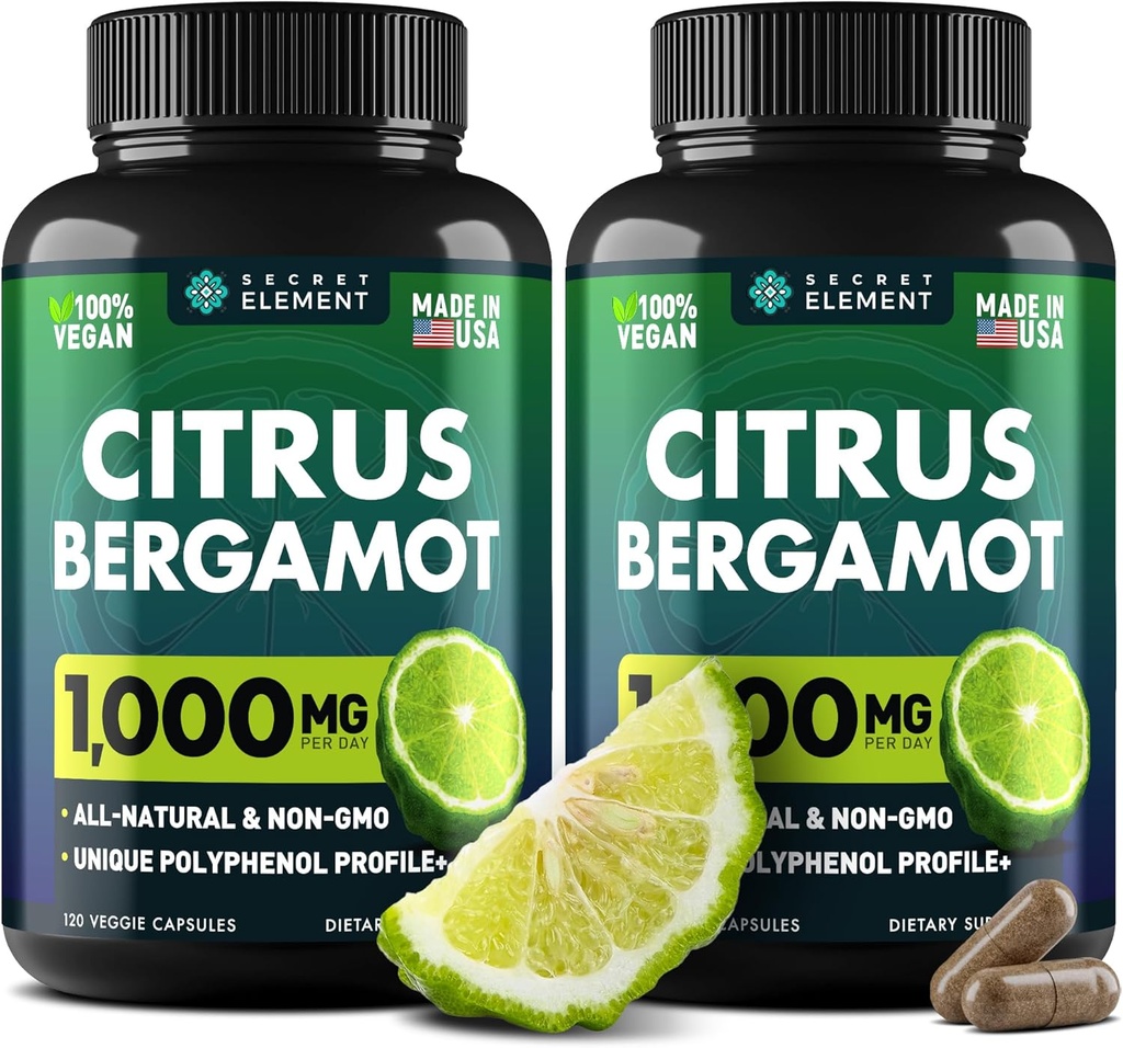 (2 PACK) Extrait d'agrumes Bergamot 1000mg - Supplément d'agrumes Bergamot pour la santé circulatoire, l'immunité et le vieillissement gracieux - 2x la puissance de l'agrumes Bergamot 500mg - 240 Capsules d'agrumes Bergamot végétaliens