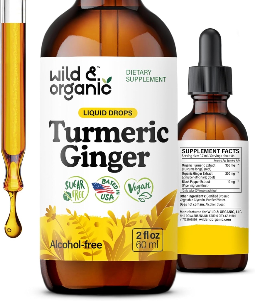 Les gouttes de supplément de curcuma et de gingembre sauvage et biologique - Soutien joint et immunitaire - Turcuma liquide avec gingembre et extrait de poivre noir - Supplément curcumin - Teinture végétalienne, sans sucre et sans alcool - 2 oz