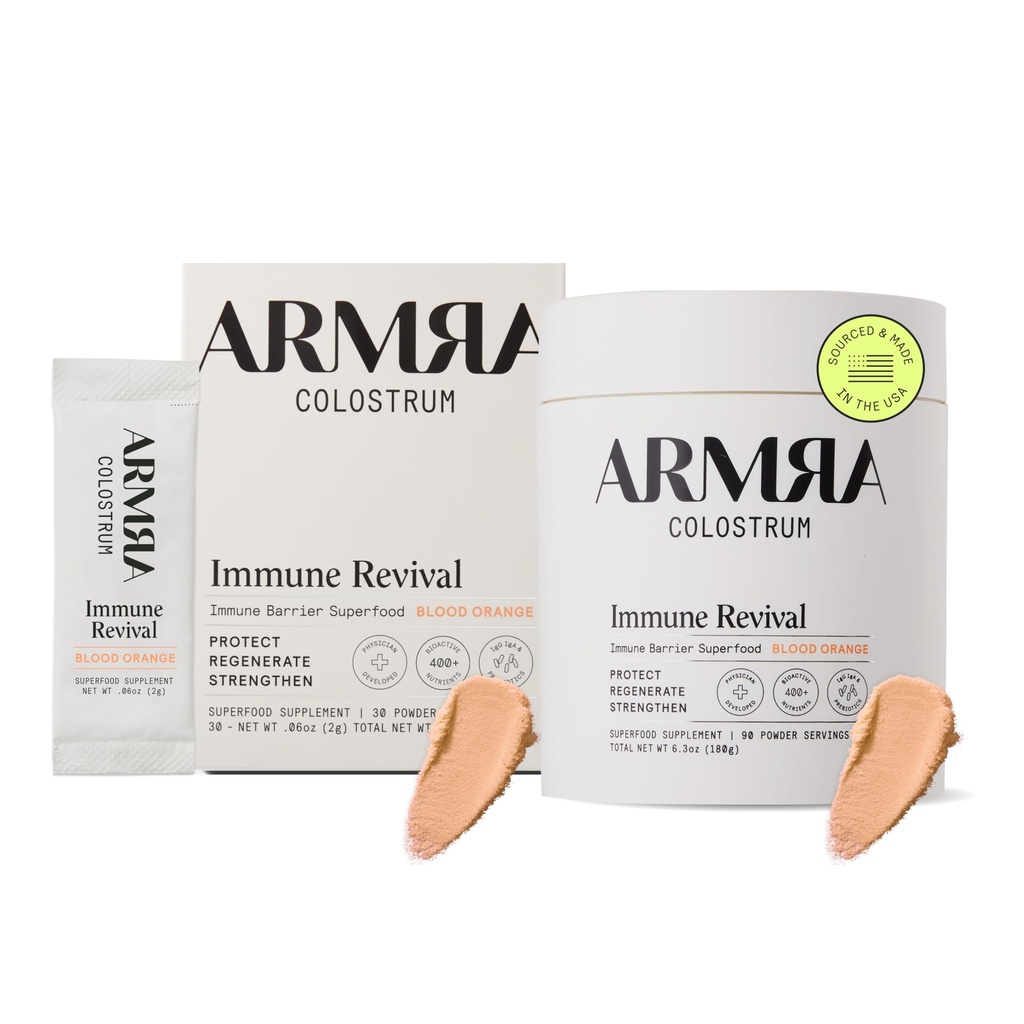 ARMRA ColostrumTM Poudre premium, herbe, Gut Health Bloating Immunity Peau & Cheveux, Contient 400+ Nutriments Bioactifs, Keto, Gluten & Fat Free (Bundle Orange Blood) 120 portions