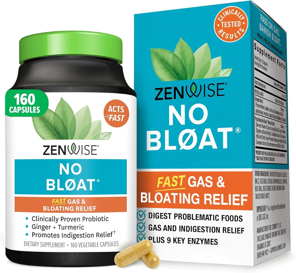 Zenwise Health No Bloat Enzymes digestifs pour Gut Health, Gas & Bloating Relief - Supplément digestion multienzymes avec probiotiques, gingembre, dandelion et lactase curcuma - Hommes et femmes - 160 Comte