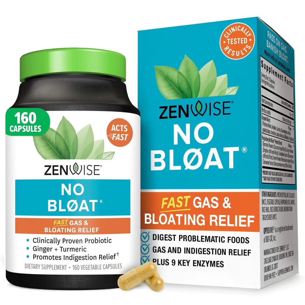 Zenwise Health No Bloat Enzymes digestifs pour Gut Health, Gas & Bloating Relief - Supplément digestion multienzymes avec probiotiques, gingembre, dandelion et lactase curcuma - Hommes et femmes - 160 Comte