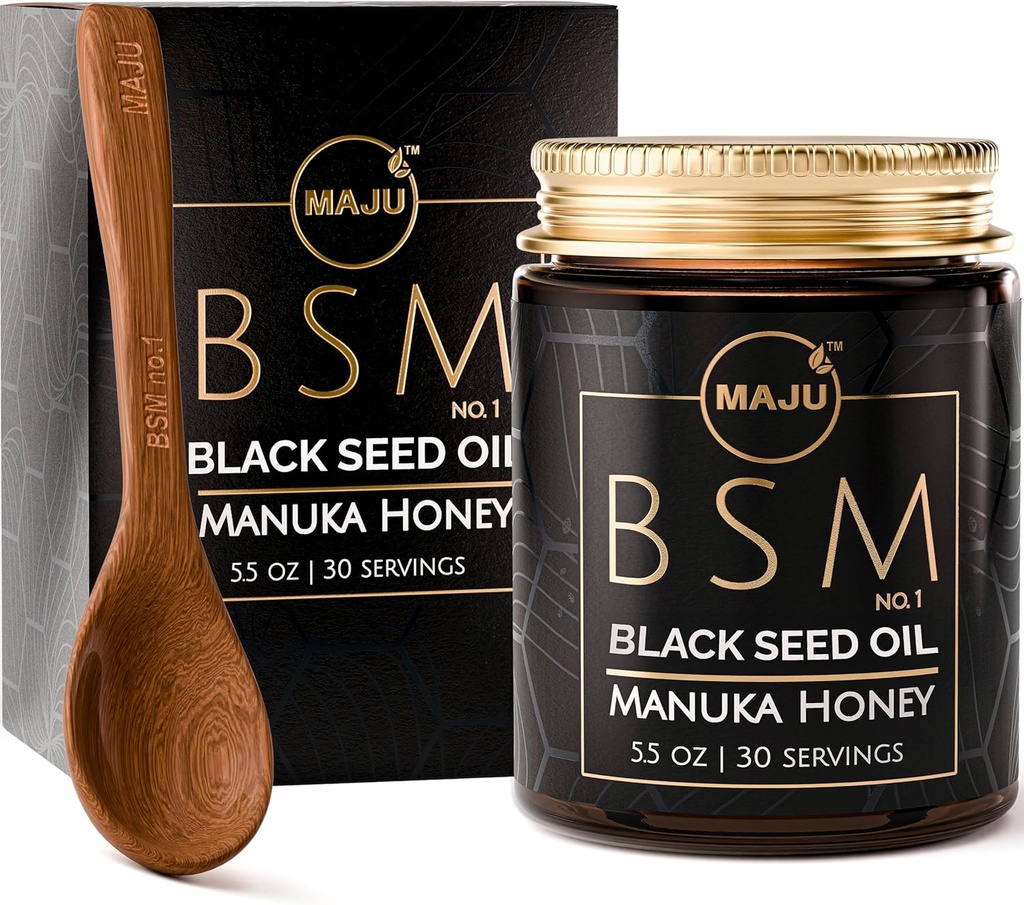 MAJU's 3-en-1 Black Seed Oil, Manuka Honey & Seeds (Traditional Style) BSM no. 1, Sweet & Crunchy Herbal Blend, Nigella Sativa Oil and Seeds, Non pasteurisé & Raw Monofloral Manuka Honey Nouvelle-Zélande
